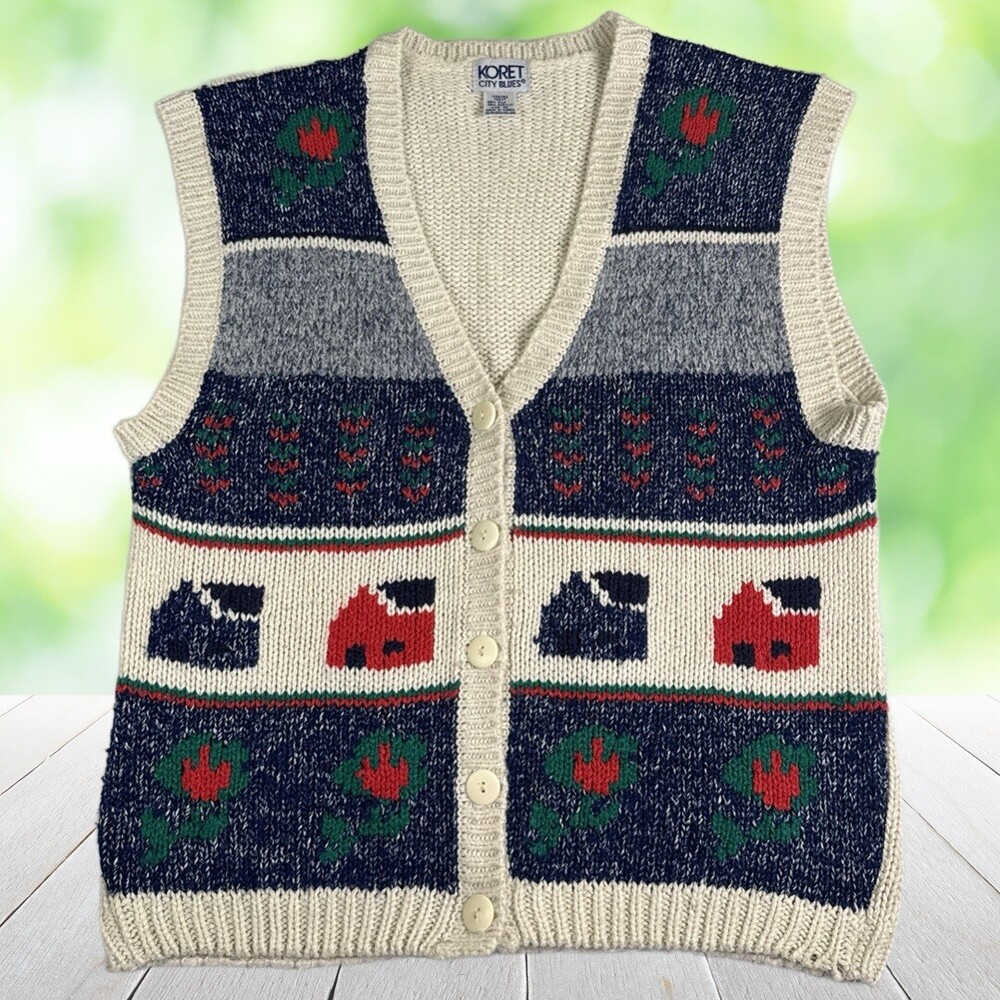 Vintage Cottagecore Sweater Vest Novelty Houses Teacher Twee Silk Blend Size M